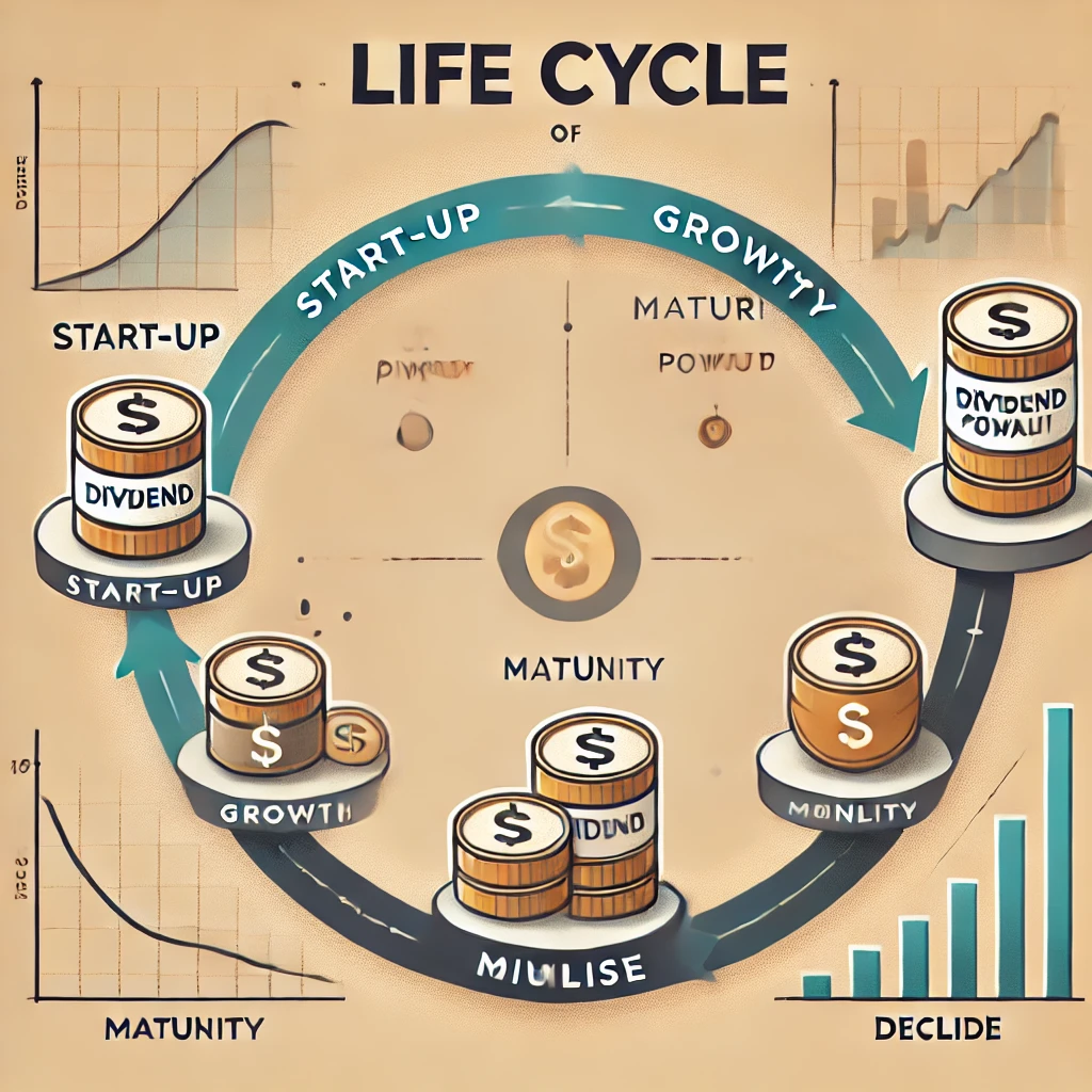 wykres przedstawiający cykl życia spółki z czterema fazami: start-up, wzrost, dojrzałość i schyłek. Obraz ilustruje, jak wypłata dywidend zmienia się w zależności od etapu życia firmy — od braku dywidend w fazie start-up, przez wzrost w fazie dojrzałości, aż do zmniejszenia w fazie schyłku.