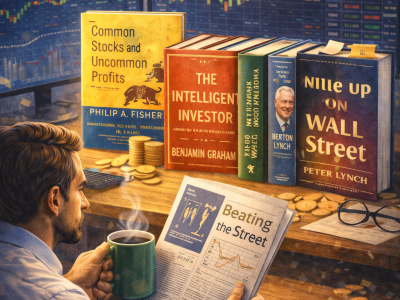 inwestor oglądający książki o inwestowaniu