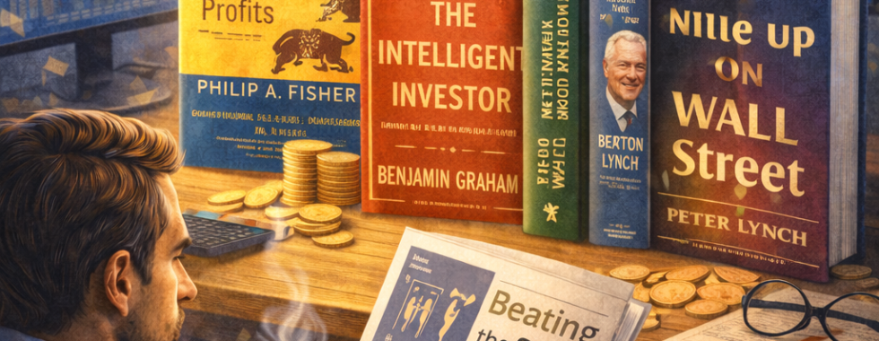 inwestor oglądający książki o inwestowaniu