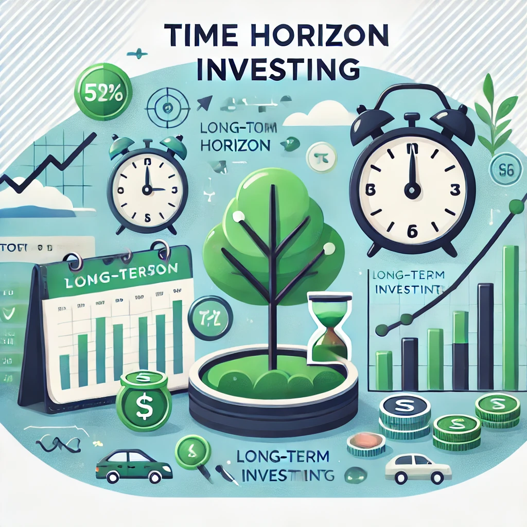 obraz ilustrujący inwestowanie z myślą o horyzoncie czasowym. Symbolika zegara, kalendarza oraz rosnącego drzewa odzwierciedla różnicę między inwestycjami krótkoterminowymi a długoterminowymi. Kolorystyka w odcieniach zieleni i niebieskiego podkreśla stabilność i wzrost, zachęcając do cierpliwości w inwestowaniu.