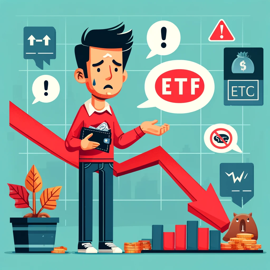 Błędy przy inwestowaniu w ETF-y. Ilustracja przedstawia zdezorientowanego inwestora z pustym portfelem, obok wykresu z opadającymi cenami ETF-ów oraz ikonami ostrzegawczymi, co podkreśla ryzyko związane z błędnymi decyzjami inwestycyjnymi.