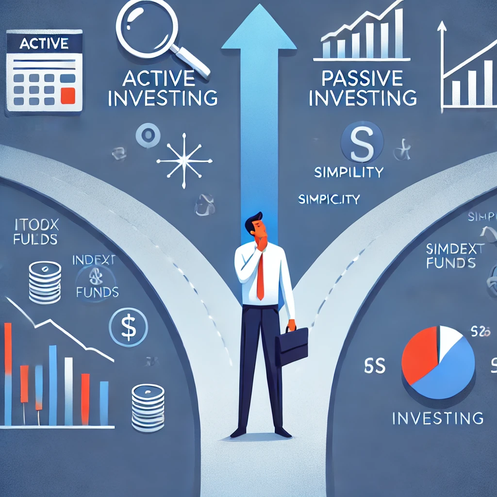 Ilustracja przedstawia inwestora stojącego na rozdrożu, rozważającego wybór strategii. Ścieżka „Aktywne Inwestowanie” symbolizuje intensywną analizę, a „Pasywne Inwestowanie” jest reprezentowane przez stabilny wzrost i prostotę, co podkreśla różnice w podejściu.