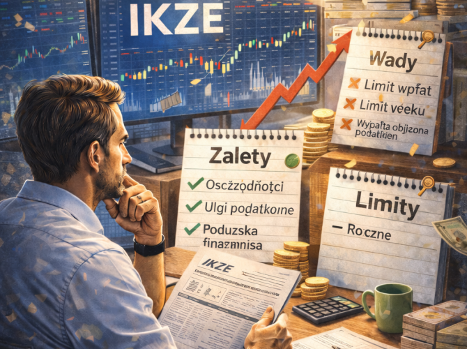 Inwestor siedzący przy biurku i analizujący konto IKZE