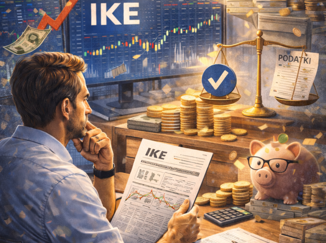 Inwestor siedzi przy biurku i analizuje warunki konta IKE