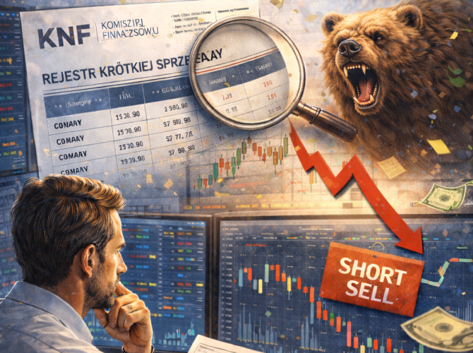 Inwestor siedzi przy biurku i analizuje rejestr krótkiej spredaży KNF