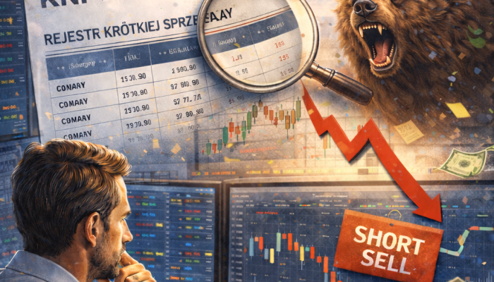 Inwestor siedzi przy biurku i analizuje rejestr krótkiej spredaży KNF