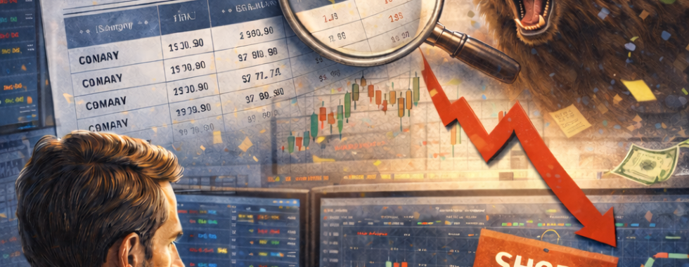 Inwestor siedzi przy biurku i analizuje rejestr krótkiej spredaży KNF